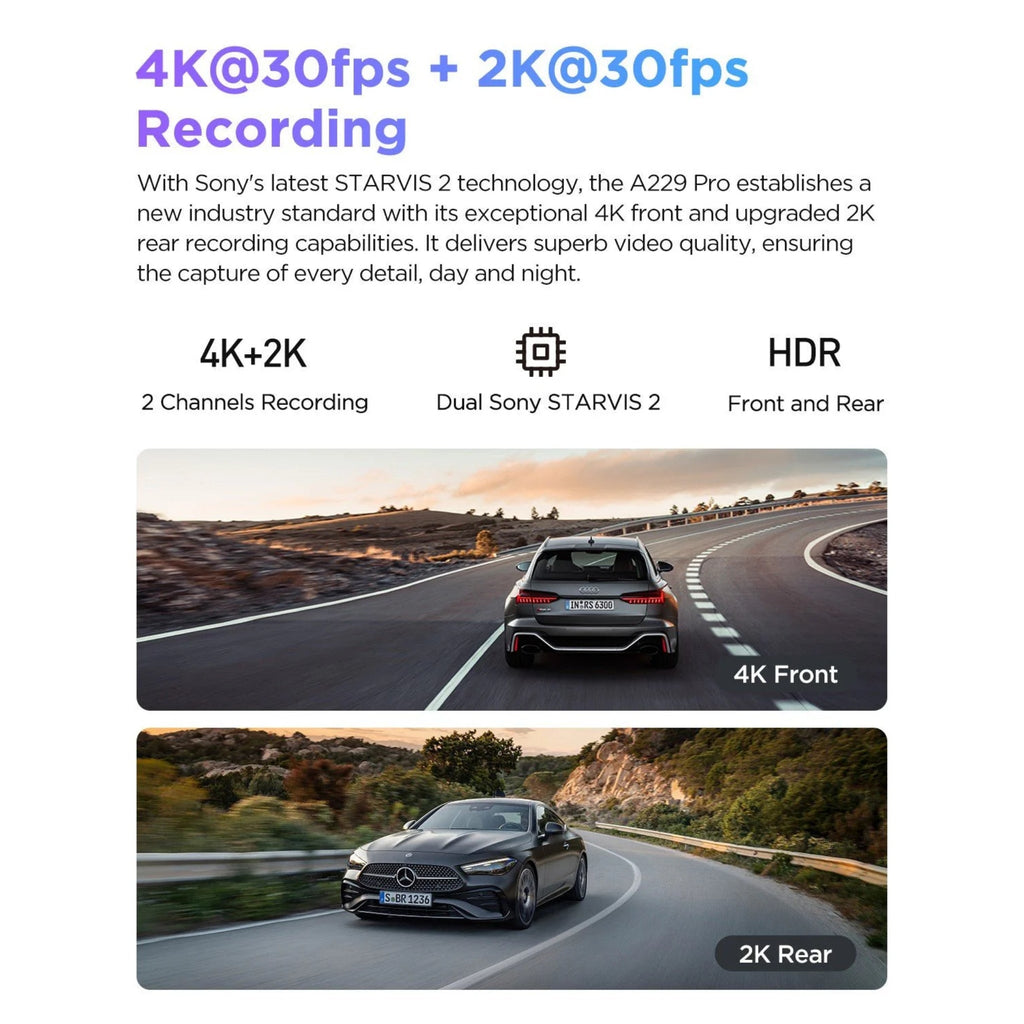 VIOFO A229 Pro 4K Dual Dash Cam – Front & Rear with Sony STARVIS 2, HDR & Voice Control
