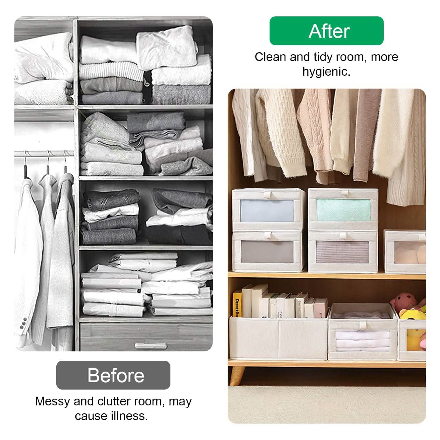 4-Piece Foldable Linen Storage Bins with Clear Window – Closet & Home Organizer