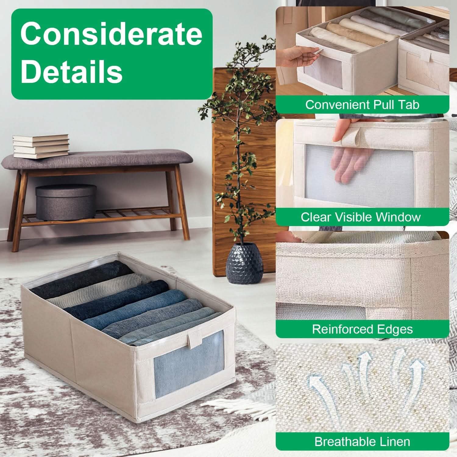 4-Piece Foldable Linen Storage Bins with Clear Window – Closet & Home Organizer