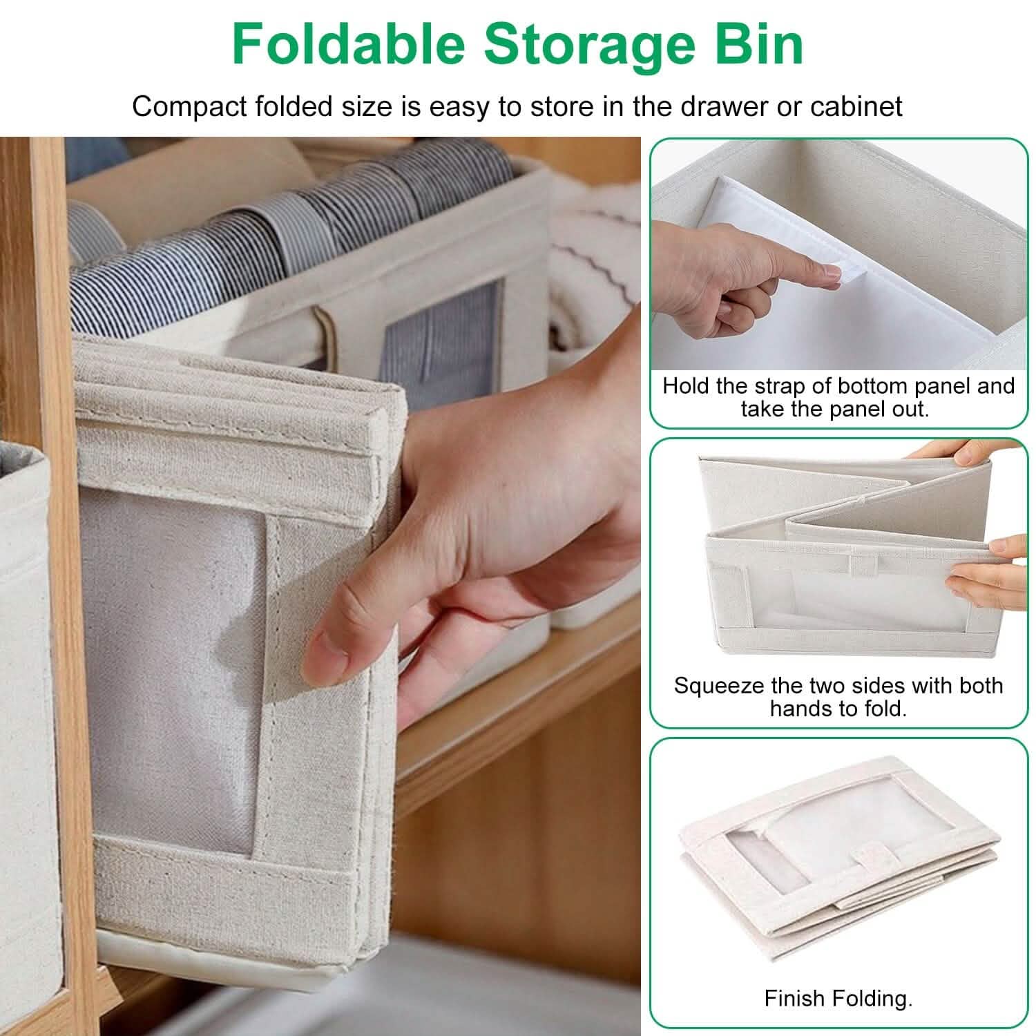4-Piece Foldable Linen Storage Bins with Clear Window – Closet & Home Organizer