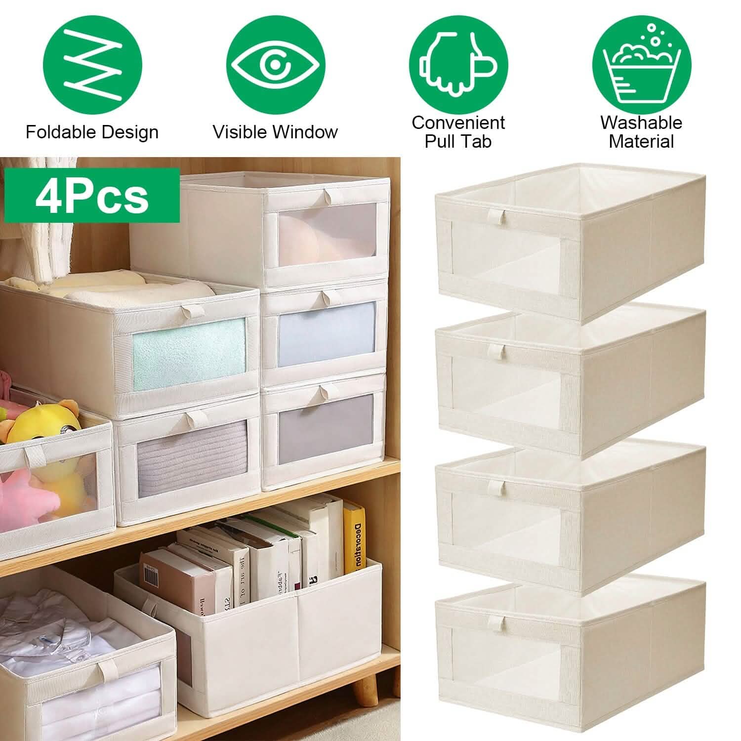 4-Piece Foldable Linen Storage Bins with Clear Window – Closet & Home Organizer