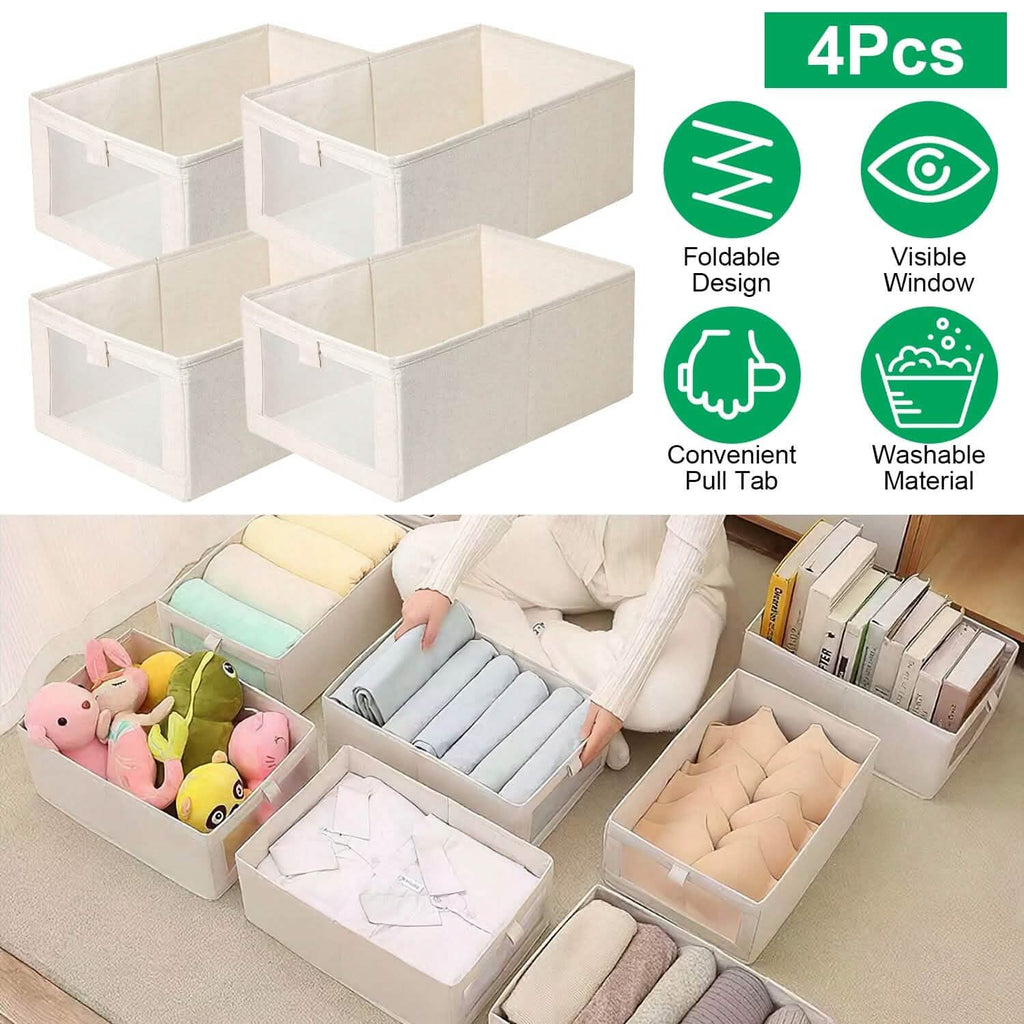 4-Piece Foldable Linen Storage Bins with Clear Window – Closet & Home Organizer