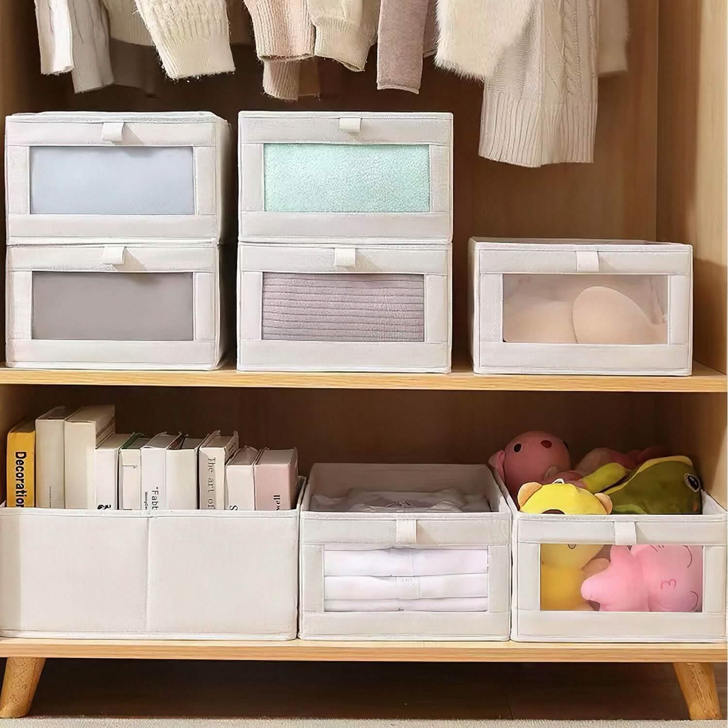 4-Piece Foldable Linen Storage Bins with Clear Window – Closet & Home Organizer