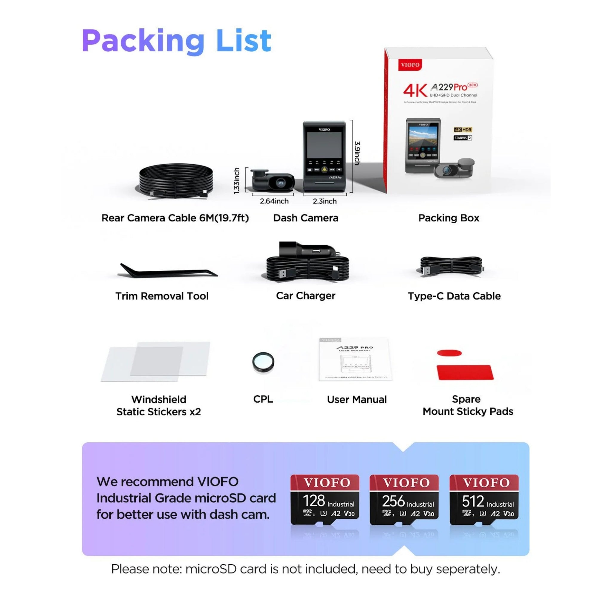 VIOFO A229 Pro 4K Dual Dash Cam – Front & Rear with Sony STARVIS 2, HDR & Voice Control