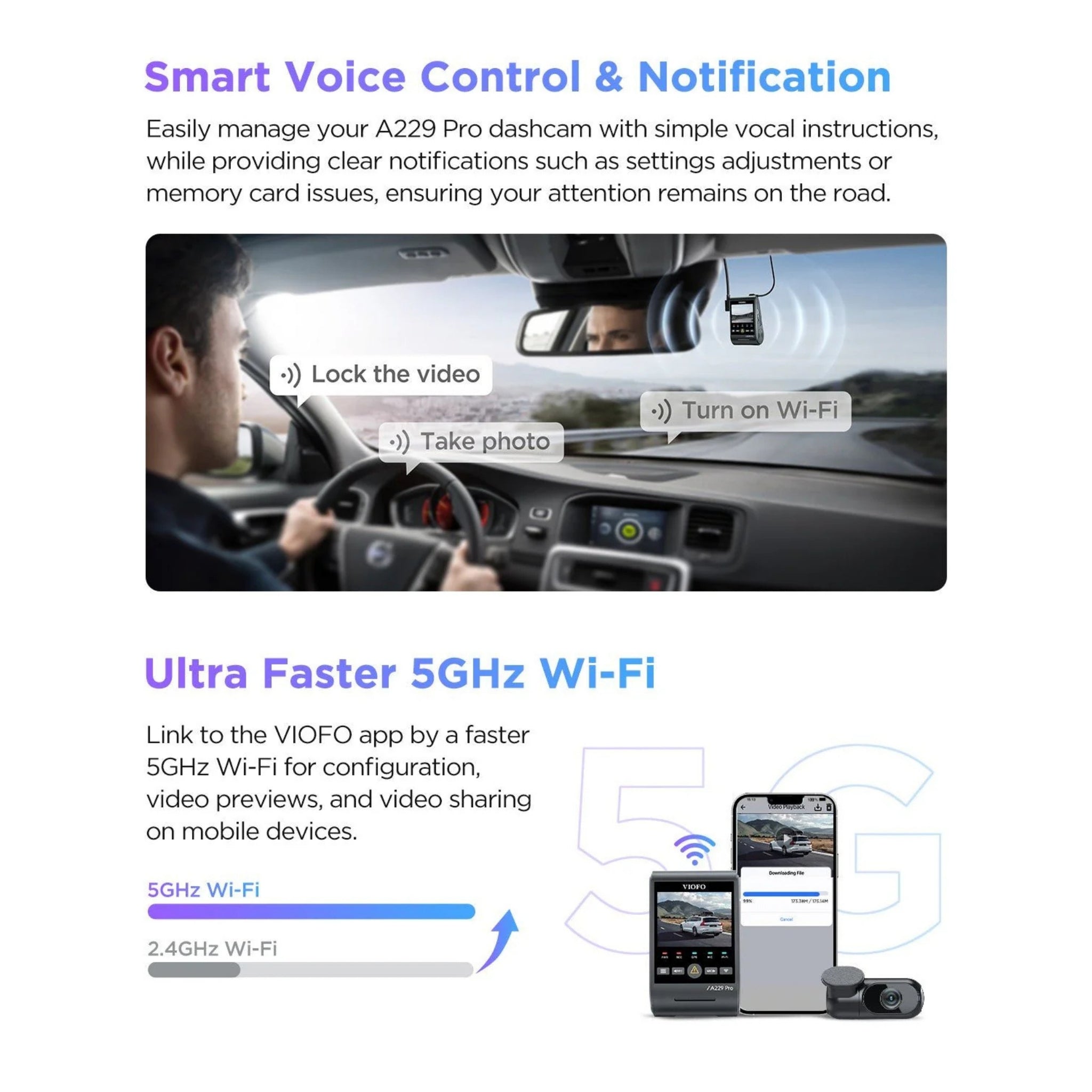 VIOFO A229 Pro 4K Dual Dash Cam – Front & Rear with Sony STARVIS 2, HDR & Voice Control