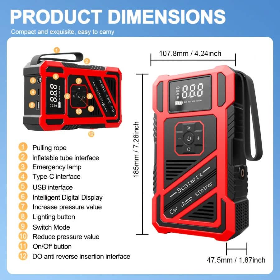 2-in-1 Car Jump Starter & Tire Inflator – 3000A 150PSI Portable Compressor