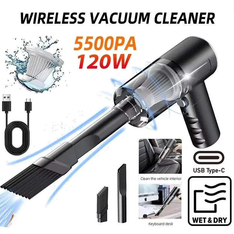 Cordless Handheld Vacuum Cleaner – 120W, 5500Pa Suction, HEPA Filter for Home & Car