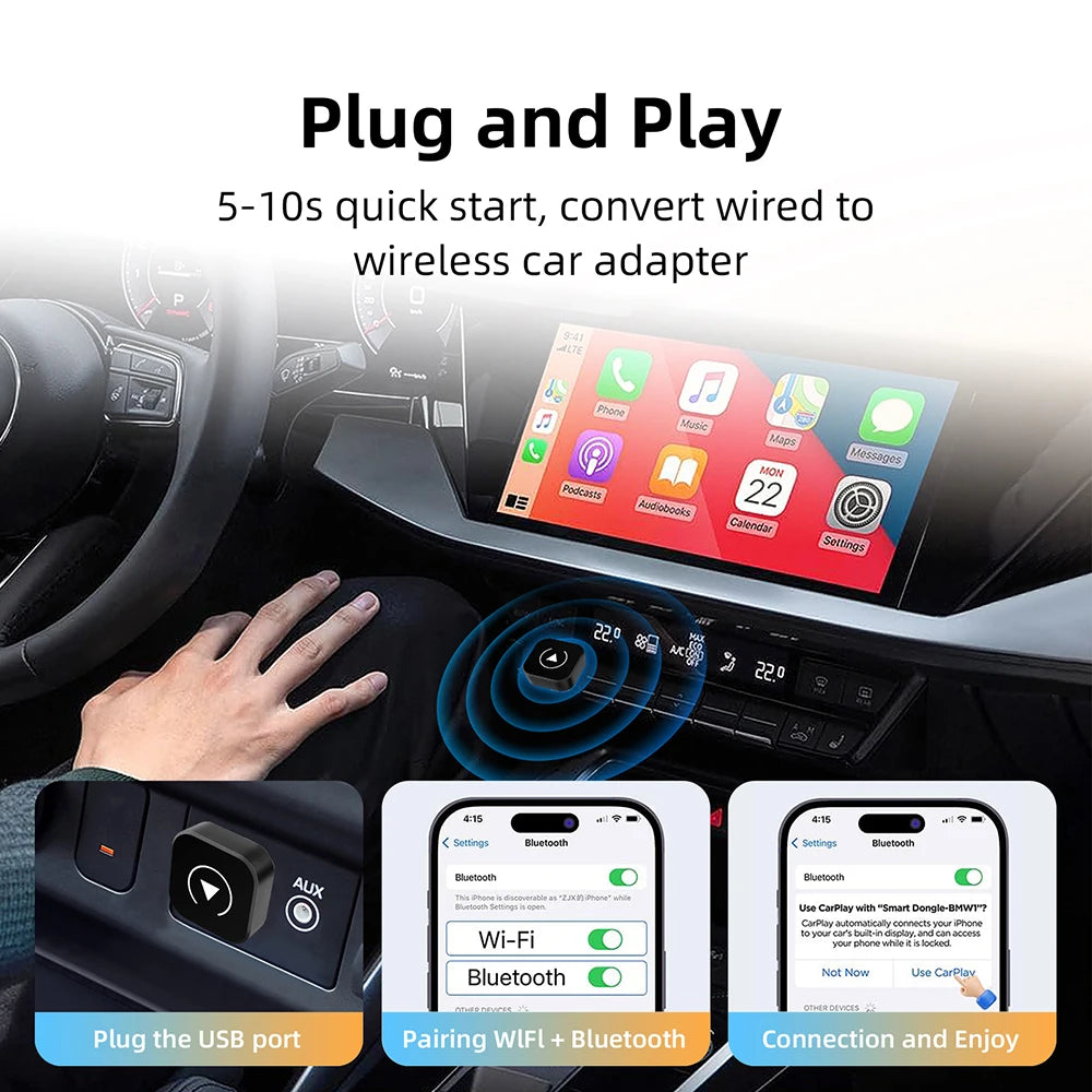 2-in-1 Wireless CarPlay & Android Auto Adapter – Plug & Play Dongle for Wired CarPlay Cars